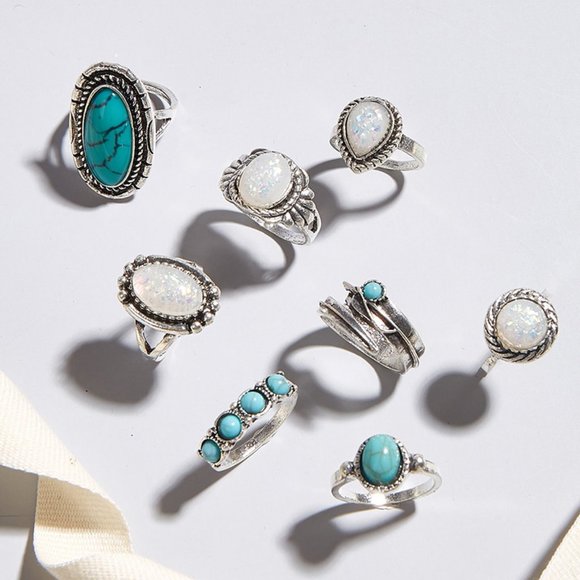 Vintage Turquoise 8 Piece Ring Set - Picture 2 of 3